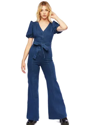 Get in the Groove Flared Bell Bottom Jeans Jumpsuit with Puff Sleeves