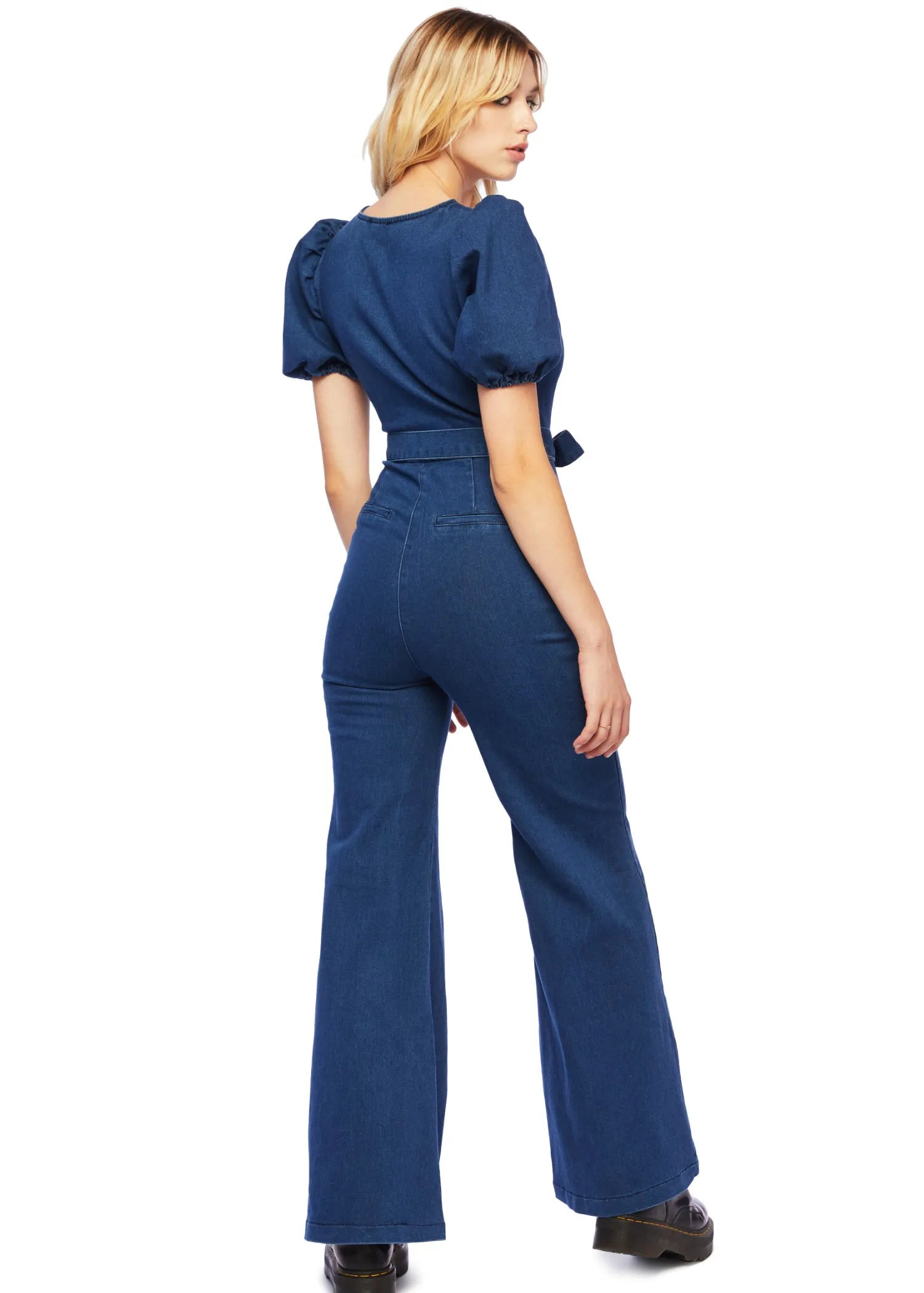 Get in the Groove Flared Bell Bottom Jeans Jumpsuit with Puff Sleeves