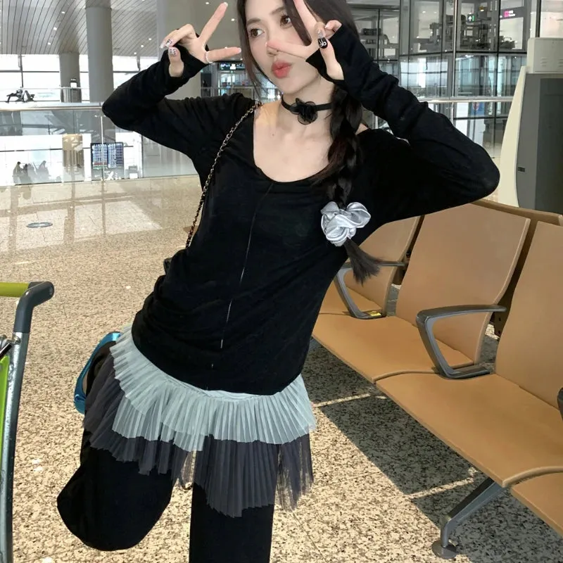 Girlary 2024 Summer New Streetwear Mesh Patchwork Pleated Casual Camisole Women   V-neck Asymmetric Loose Black T-Shirt Two-piece Suit