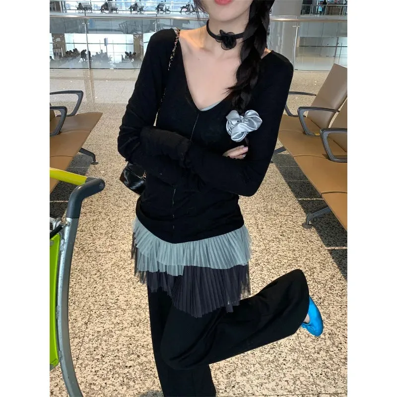 Girlary 2024 Summer New Streetwear Mesh Patchwork Pleated Casual Camisole Women   V-neck Asymmetric Loose Black T-Shirt Two-piece Suit