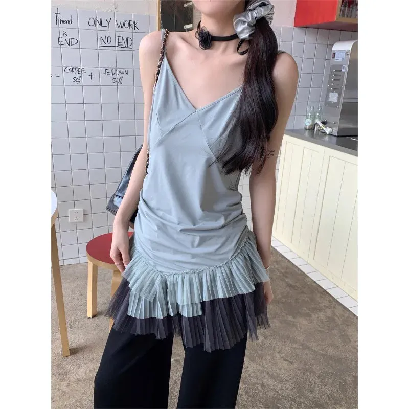 Girlary 2024 Summer New Streetwear Mesh Patchwork Pleated Casual Camisole Women   V-neck Asymmetric Loose Black T-Shirt Two-piece Suit