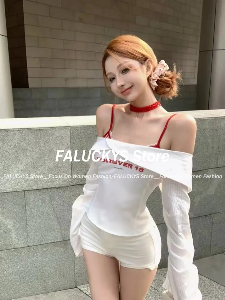 Girlary Autumn Streetwear Off-shoulder Letter Embroidery Sexy White Shirt Women   Casual Plaid Camisole Hot Girls Two Piece Set 2024 New