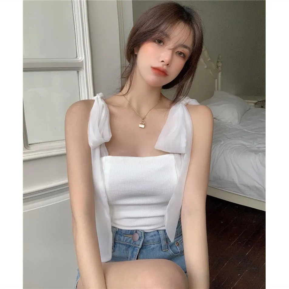 Girlary fall outfits aesthetic Women's Bow Mesh Knitted Camisole Summer Outer Wear Slim Fit Regular Short Pink Inner Top