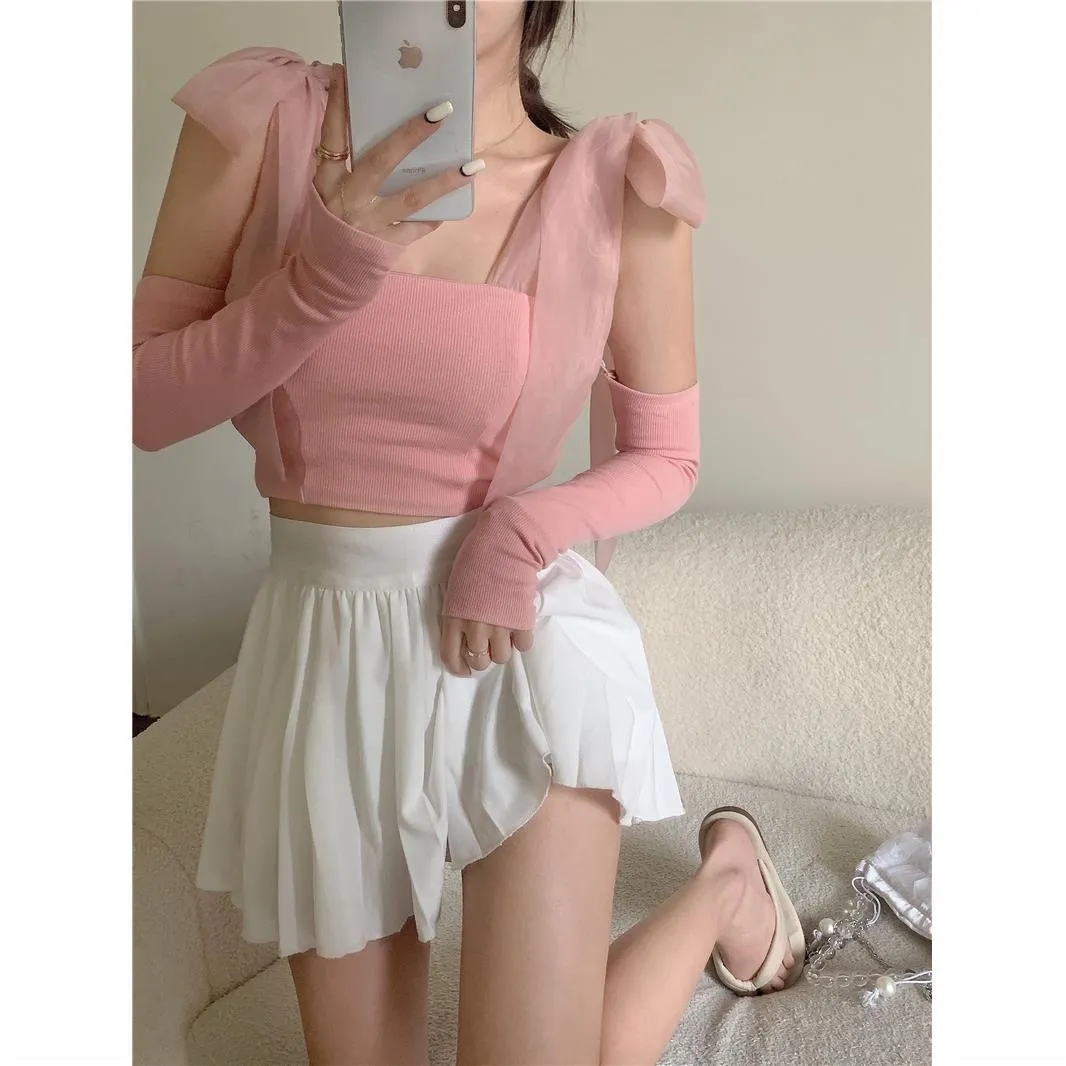 Girlary fall outfits aesthetic Women's Bow Mesh Knitted Camisole Summer Outer Wear Slim Fit Regular Short Pink Inner Top