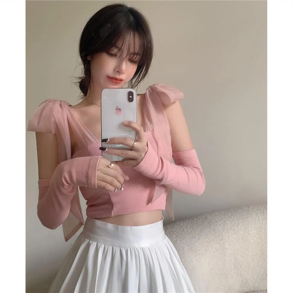 Girlary fall outfits aesthetic Women's Bow Mesh Knitted Camisole Summer Outer Wear Slim Fit Regular Short Pink Inner Top