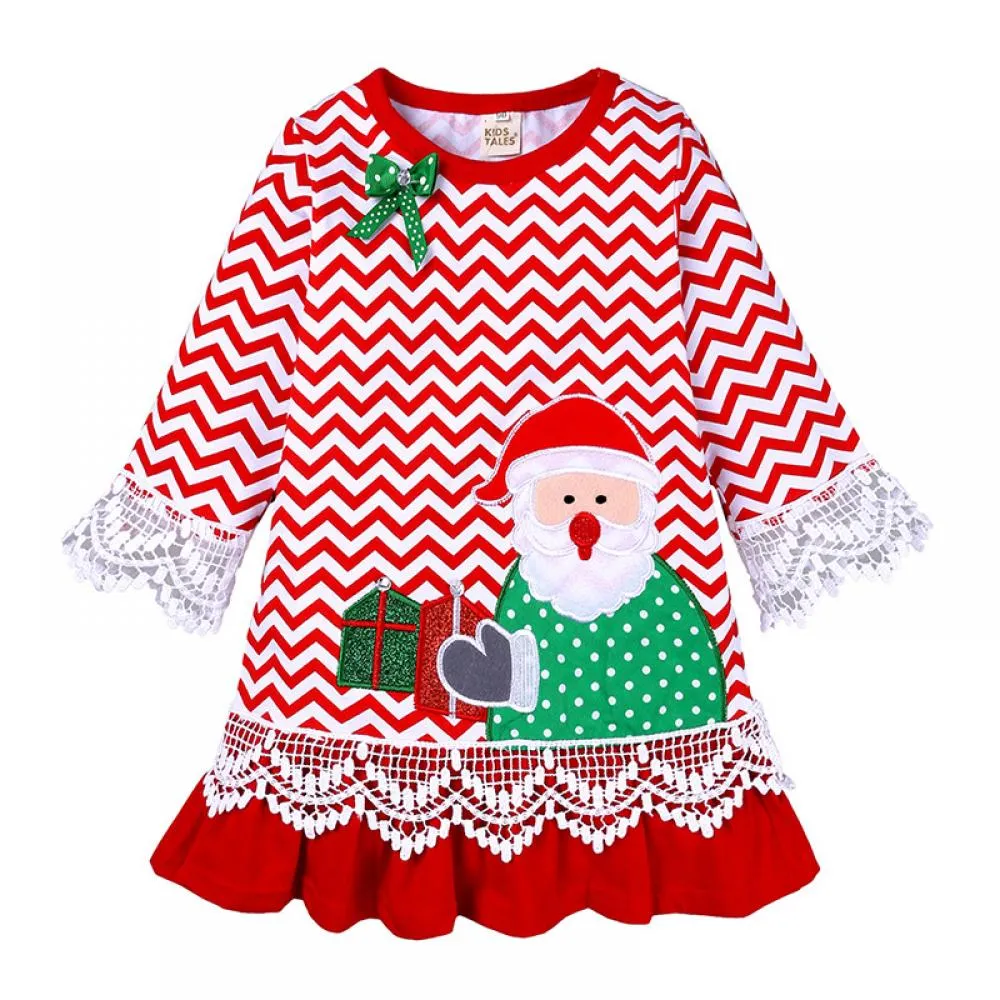 Girls Christmas Dress Santa Claus Wavy Ruffled Pleated Skirt Wholesale Girls Dress