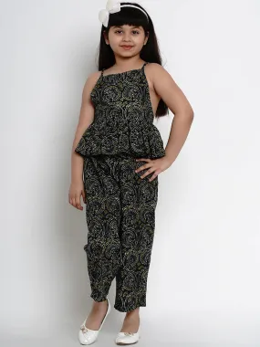 Girls Navy Blue & Green Printed Basic Jumpsuit