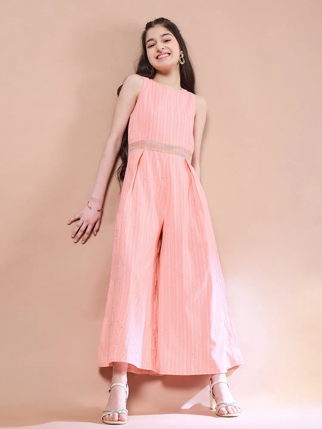 Girls Striped Basic Jumpsuit With Embellished - PS Peaches