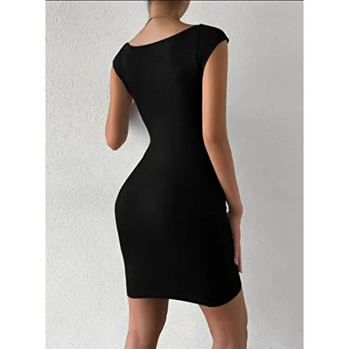 GLARE & BLAIR Solid Sweetheart Neck Short Sleeves Bodycon Ribbed Mini Dress for Women (Small, Black)