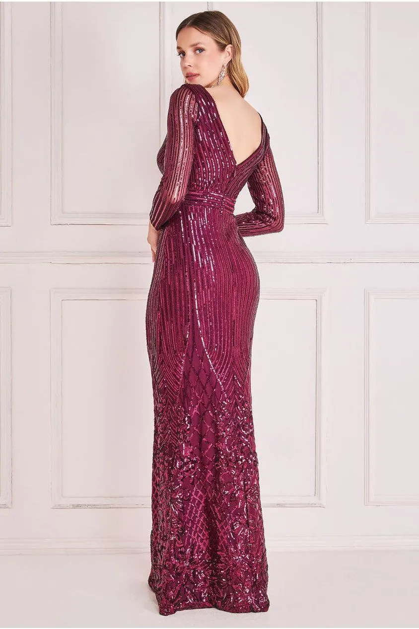 Goddiva Long Sleeve Sequin V Wrap Maxi Dress - Burgundy