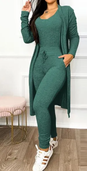 Green 2 Piece Duster & Drawstring Catsuit Jumpsuit Set