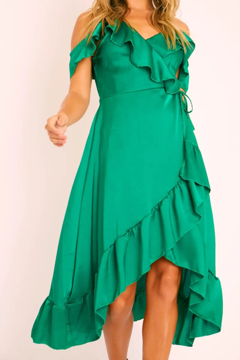 Green Satin Ruffle Wrap Midi Dress - Eiza