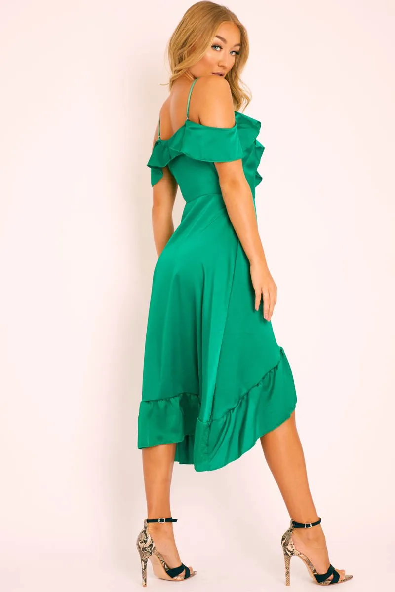 Green Satin Ruffle Wrap Midi Dress - Eiza