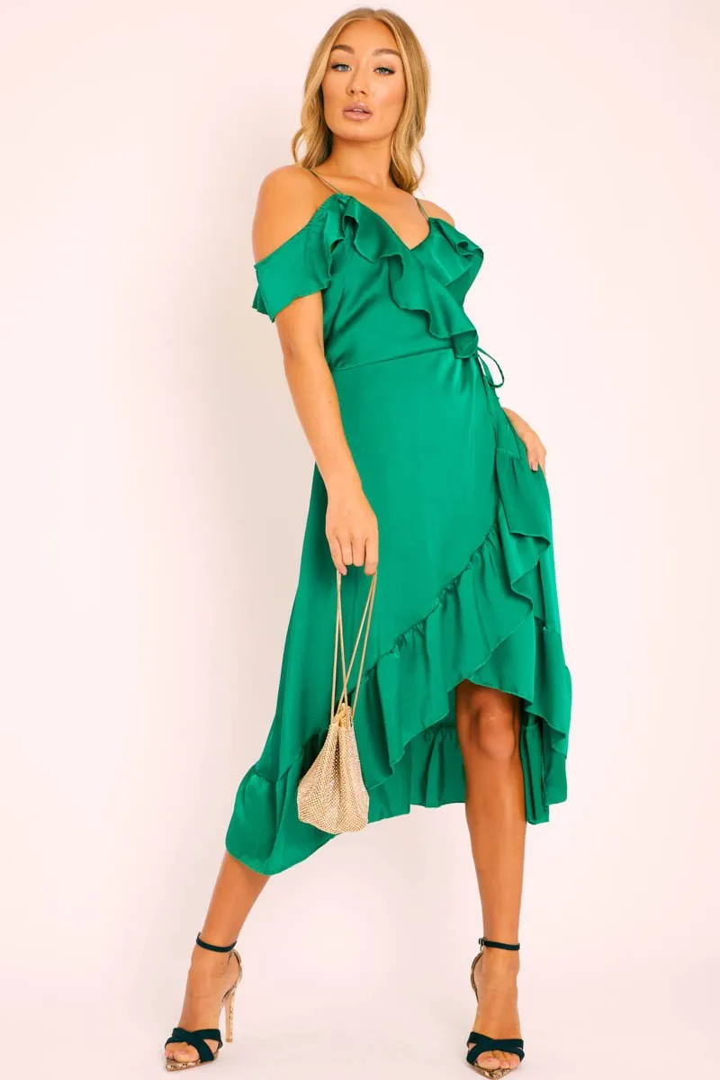 Green Satin Ruffle Wrap Midi Dress - Eiza