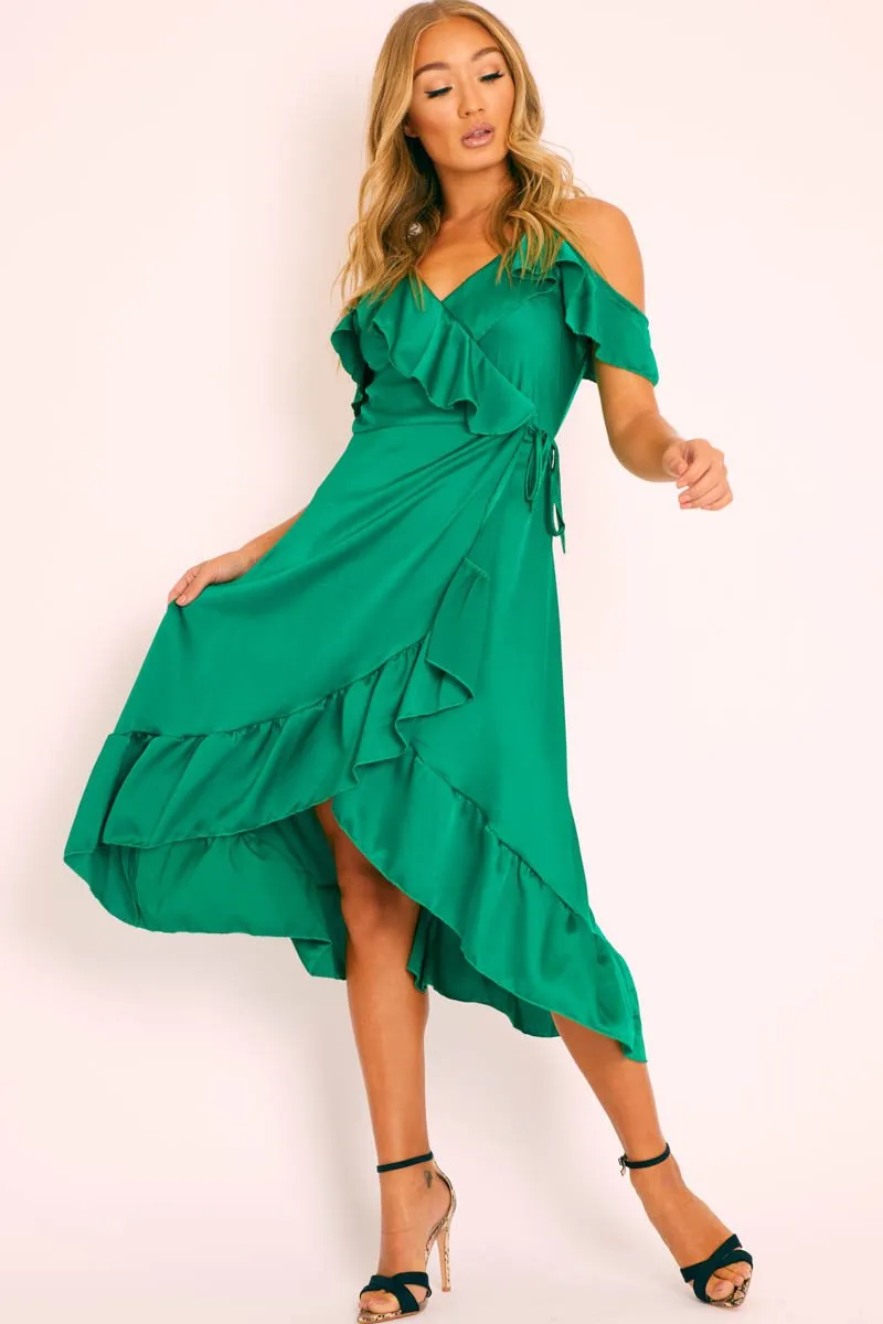 Green Satin Ruffle Wrap Midi Dress - Eiza