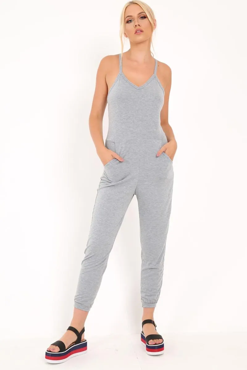 Grey Plunge Strappy Jersey Jumpsuit - Narumi