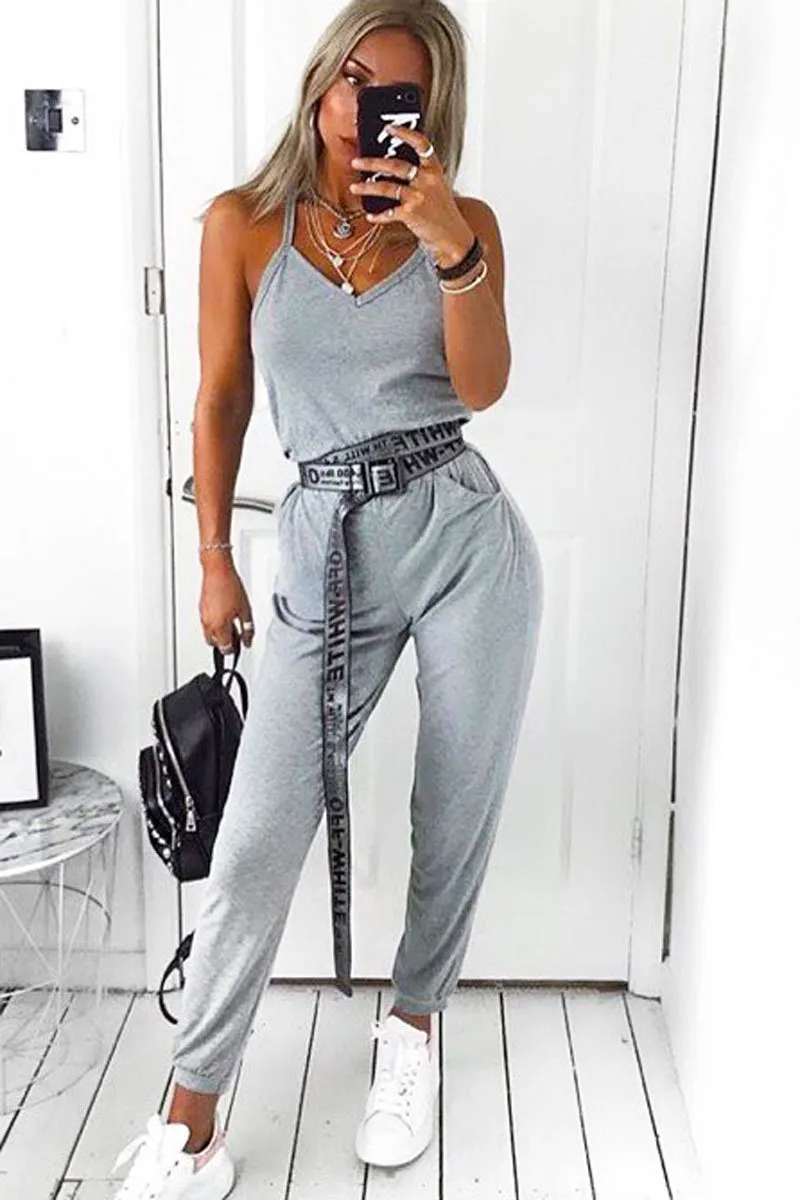 Grey Plunge Strappy Jersey Jumpsuit - Narumi