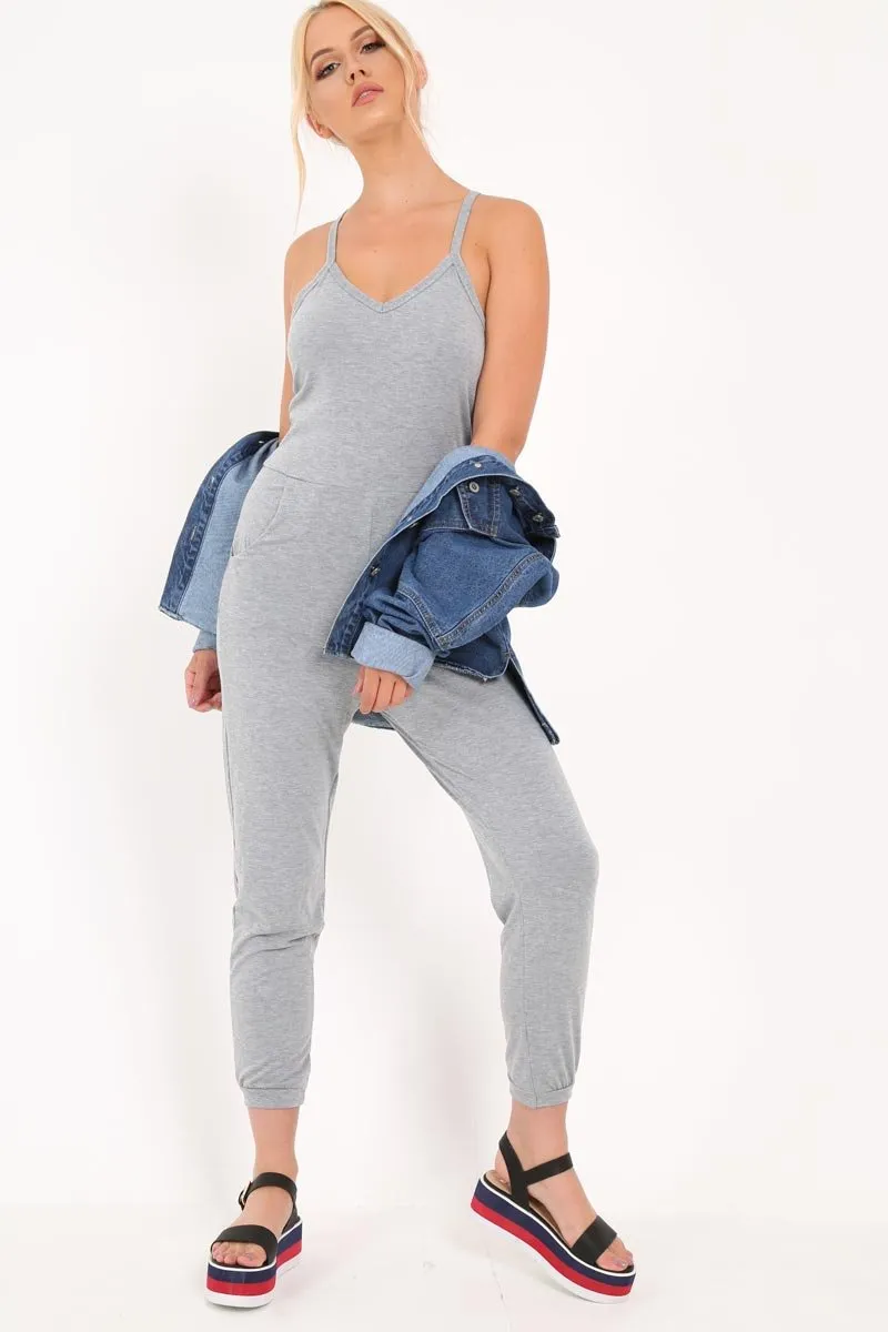 Grey Plunge Strappy Jersey Jumpsuit - Narumi