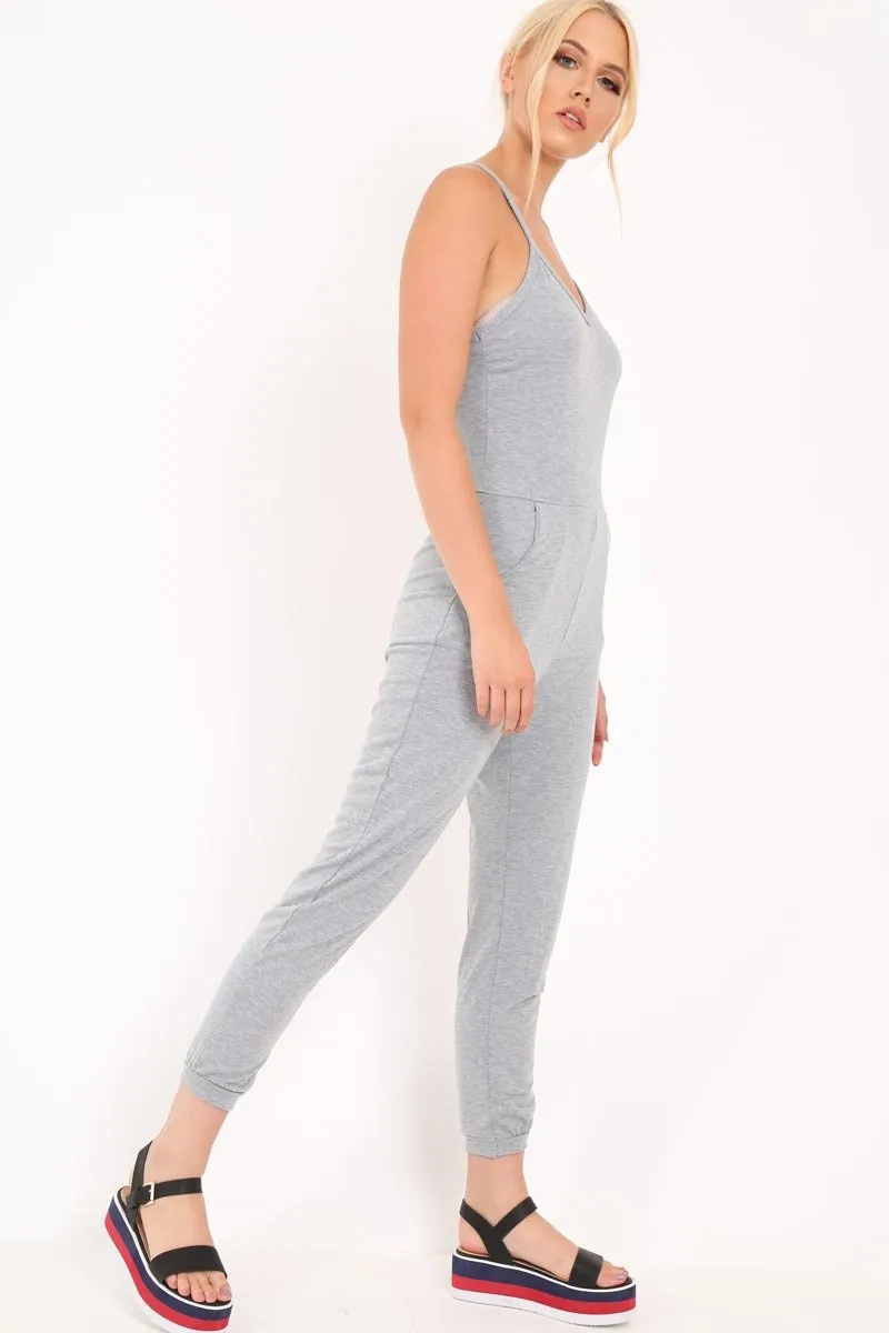 Grey Plunge Strappy Jersey Jumpsuit - Narumi