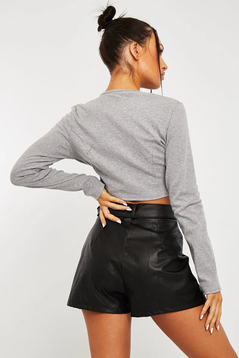 Grey Ribbed Hook Fastening Crop Top - Piper