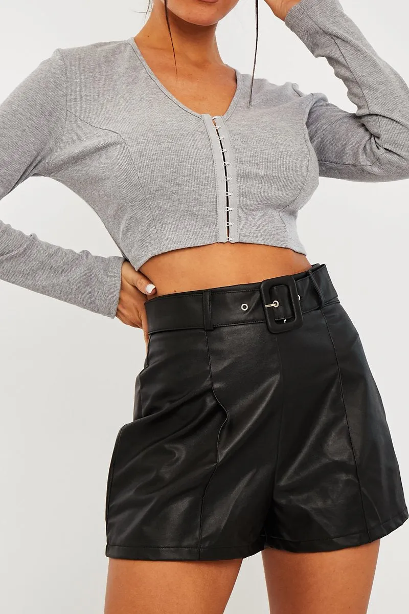 Grey Ribbed Hook Fastening Crop Top - Piper