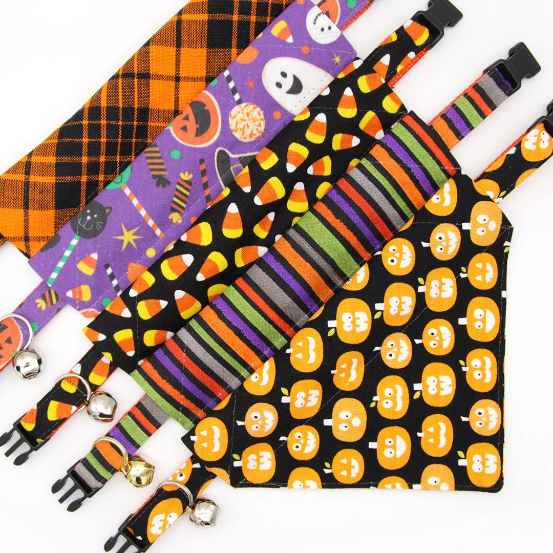 Halloween Pet Bandana - "Trick or Treat" - Candy Corn Bandana for Cat Collar or Small Dog Collar / Slide-on Bandana / Over-the-Collar (One Size)