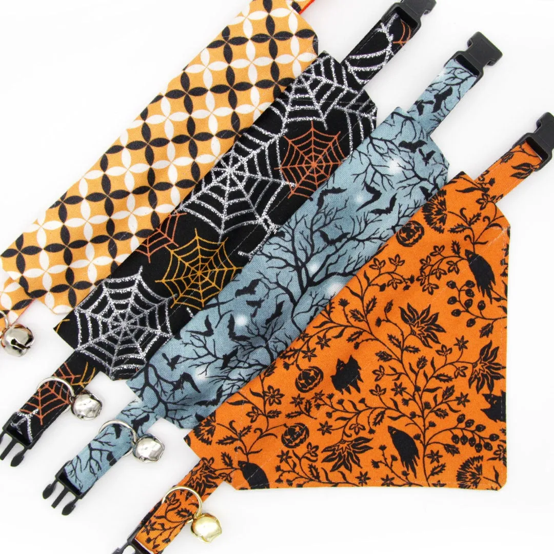 Halloween Pet Bandana - "Witching Hour" - Bats on Midnight Gray Bandana for Cat   Small Dog / Slide-on Bandana / Over-the-Collar (One Size)