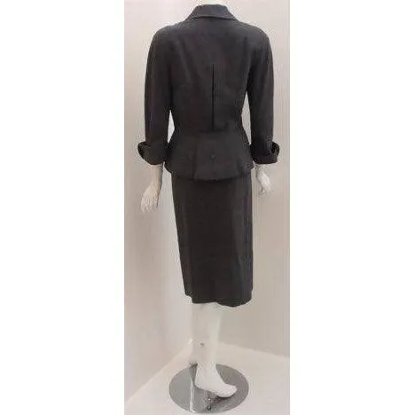 HATTIE CARNEGIE Grey Wool Fitted Jacket Skirt Set | Size 26