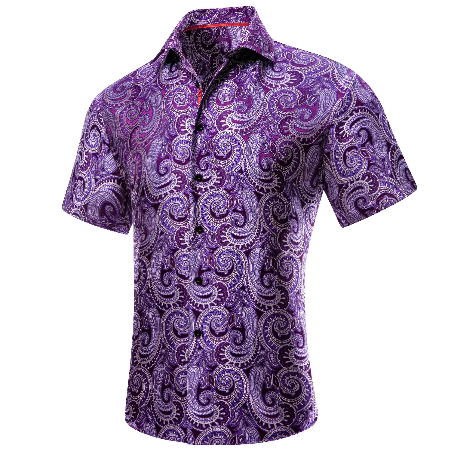 Hi-Tie Deep Purple Dress Shirt Top Paisley Silk Men Short Sleeve Shirt