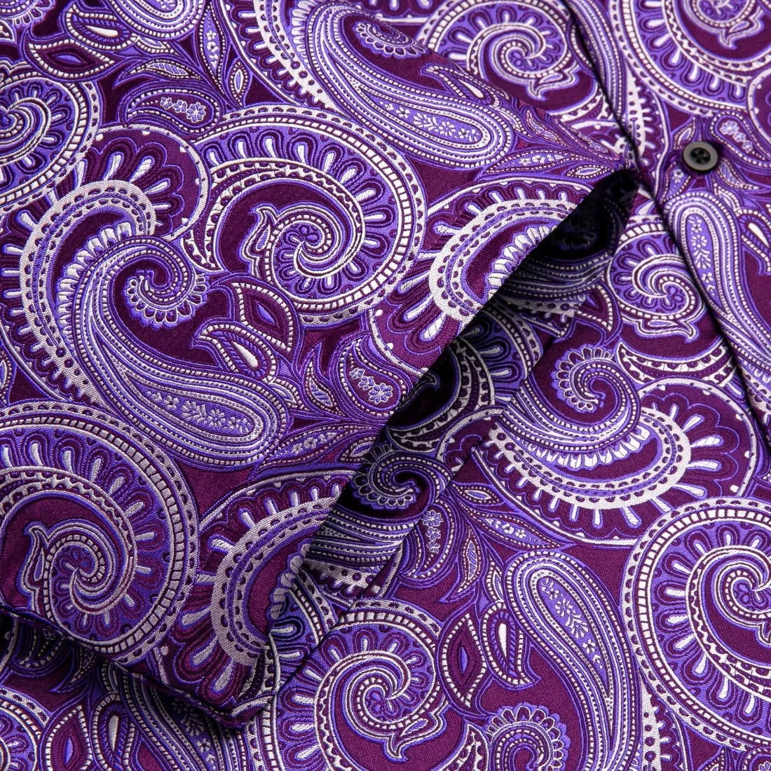 Hi-Tie Deep Purple Dress Shirt Top Paisley Silk Men Short Sleeve Shirt