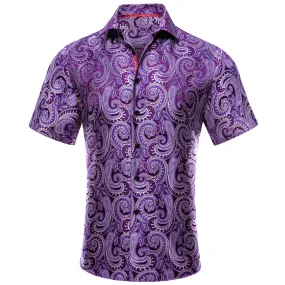 Hi-Tie Deep Purple Dress Shirt Top Paisley Silk Men Short Sleeve Shirt