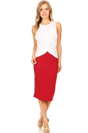 High waist, knee-length pencil skirt, fitted style waistband.