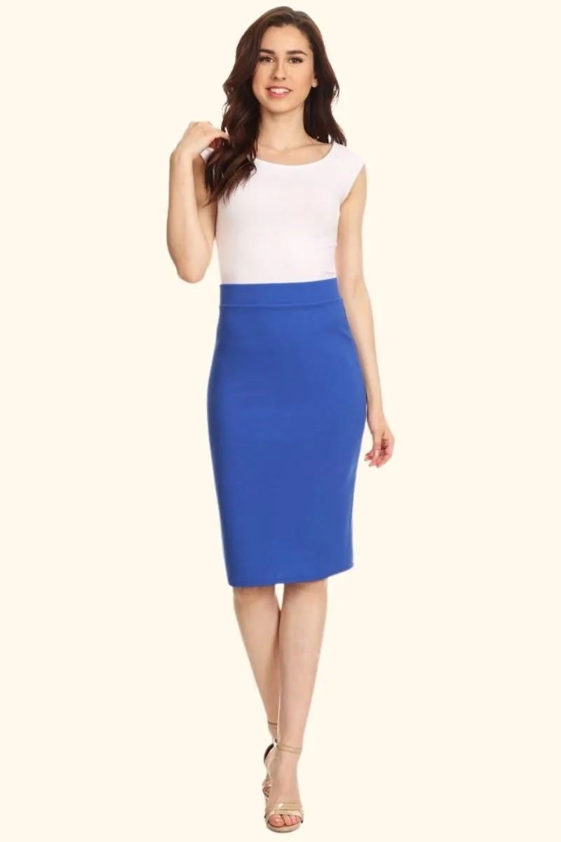 High waist, knee-length pencil skirt, fitted style waistband.