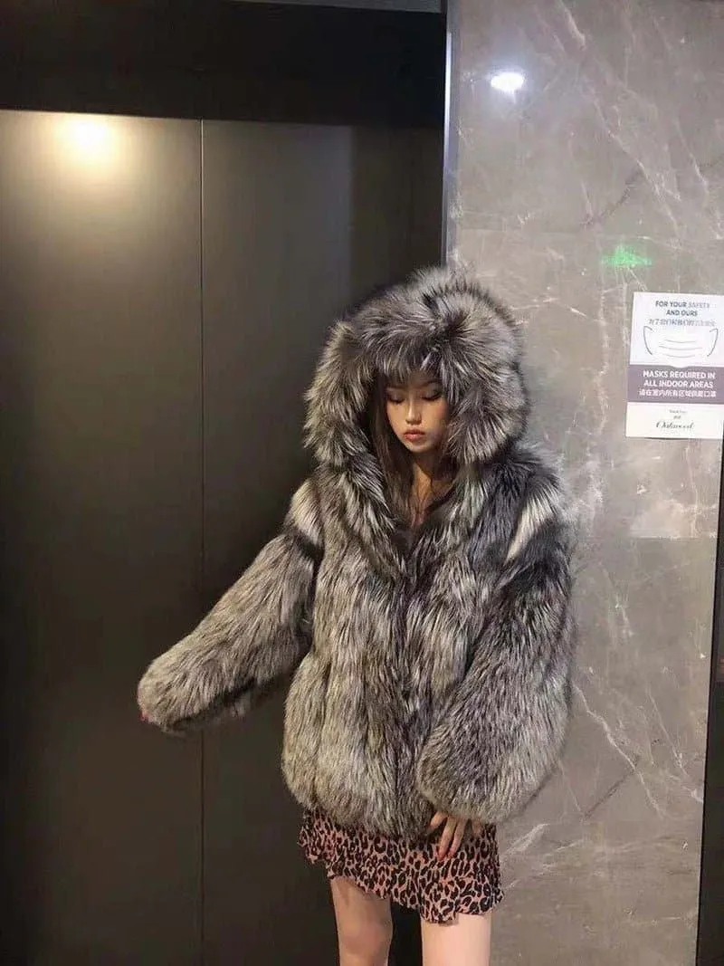 Hooded Faux Silver Fox Fur Coat - Luxurious Winter Outerwear