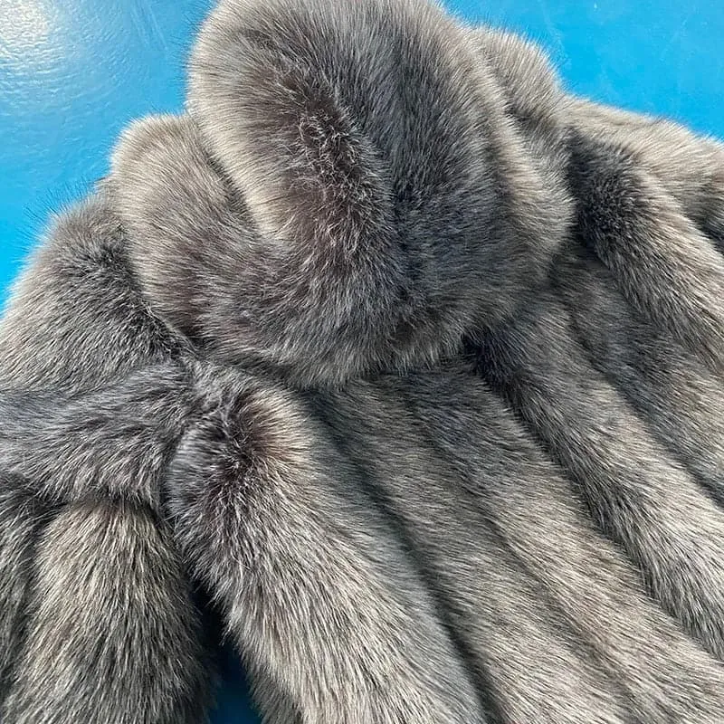 Hooded Faux Silver Fox Fur Coat - Luxurious Winter Outerwear