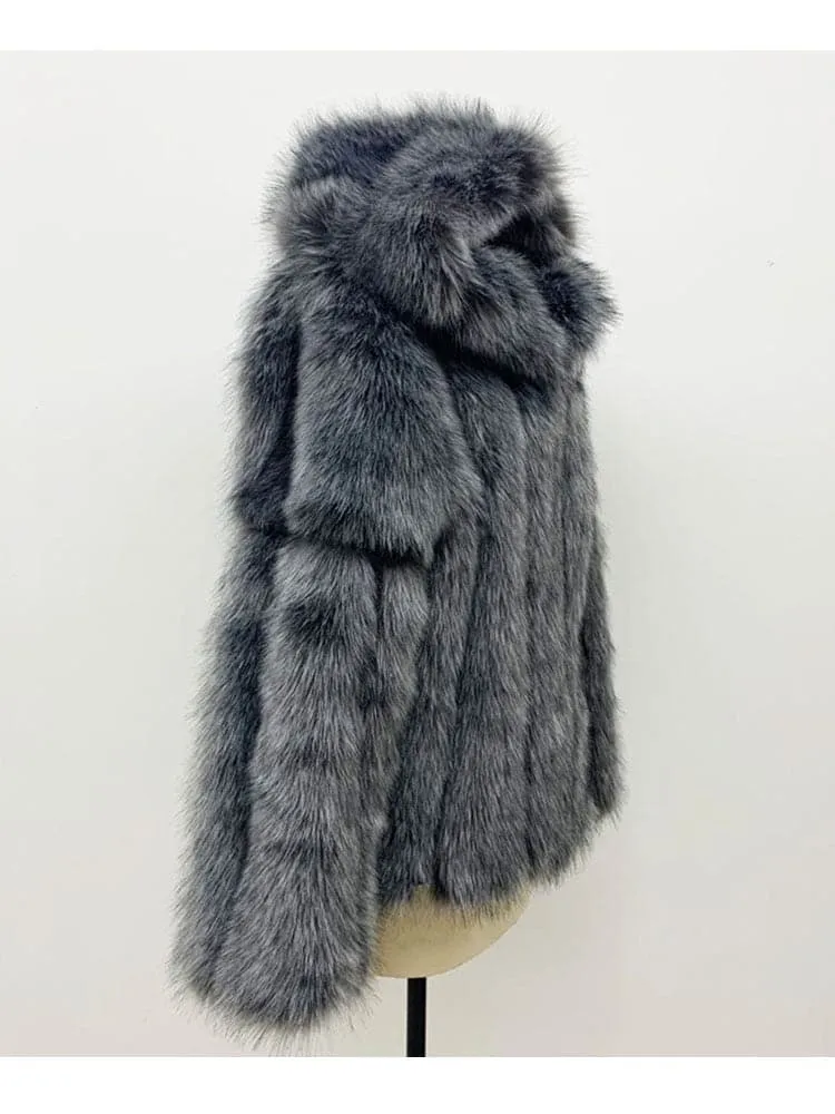 Hooded Faux Silver Fox Fur Coat - Luxurious Winter Outerwear