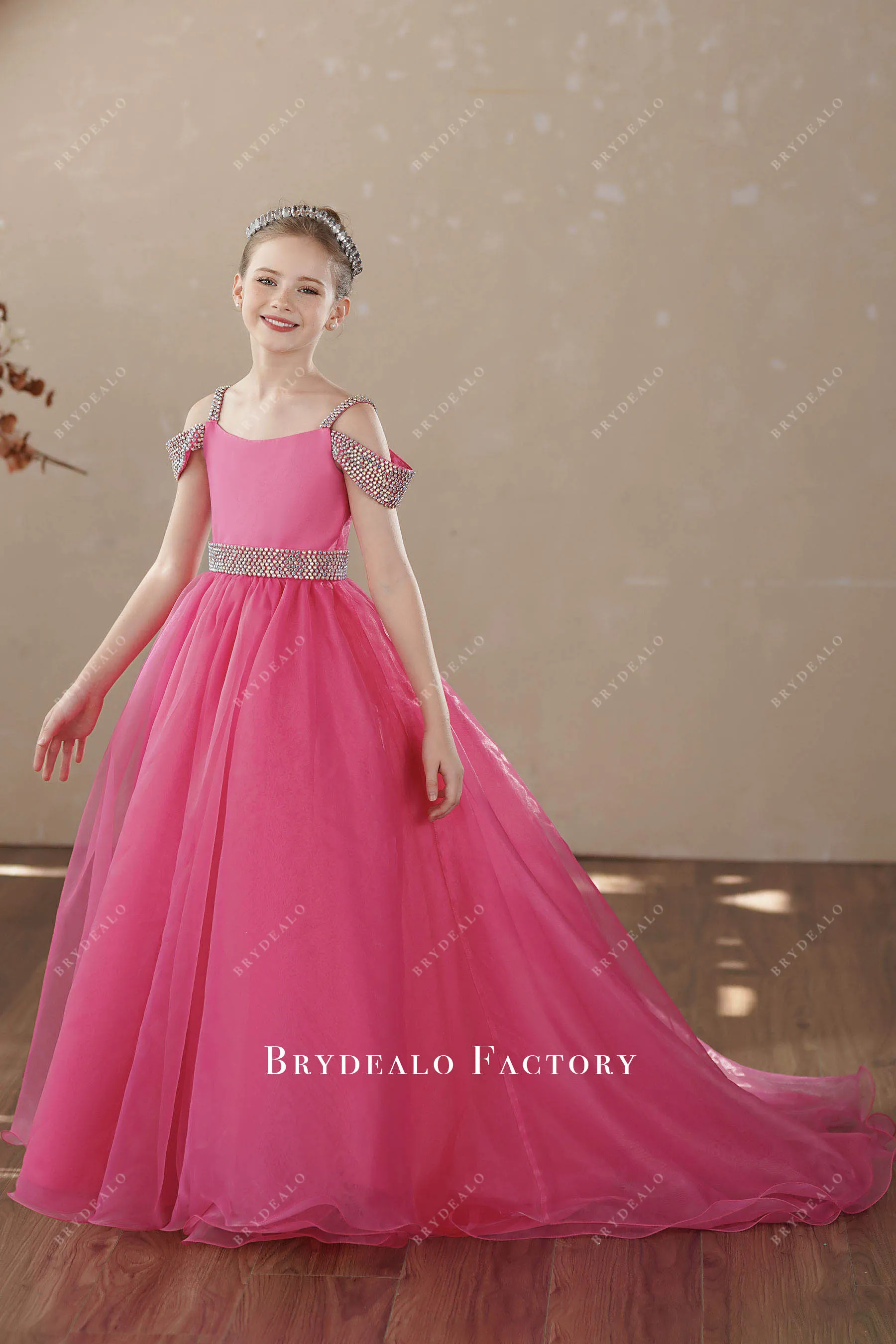 Hot Pink Shimmer Off Shoulder Puffy A-line Little Girl Pageant Dress