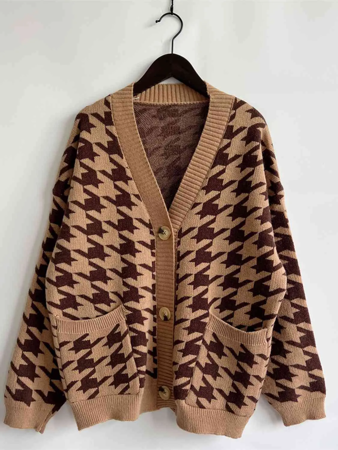 Houndstooth Botton Front  Cardigan with Pockets