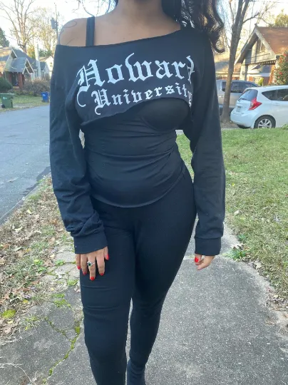 Howard University Black Super Crop or Crew Neck Long Sleeve Black T-Shirt