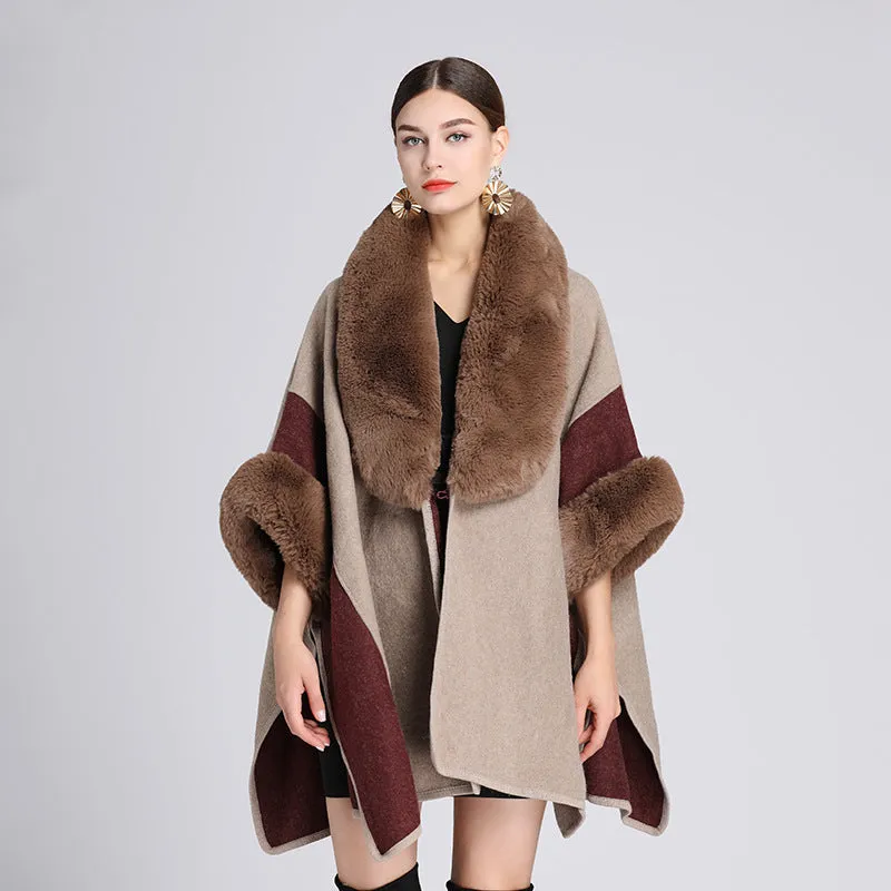 Imitation Rex Rabbit Fur Collar Cape And Shawl Women's Plus Size Loose Woolen Coat