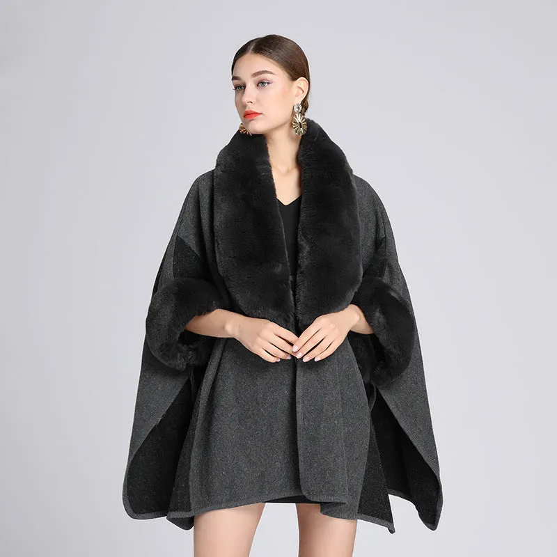 Imitation Rex Rabbit Fur Collar Cape And Shawl Women's Plus Size Loose Woolen Coat