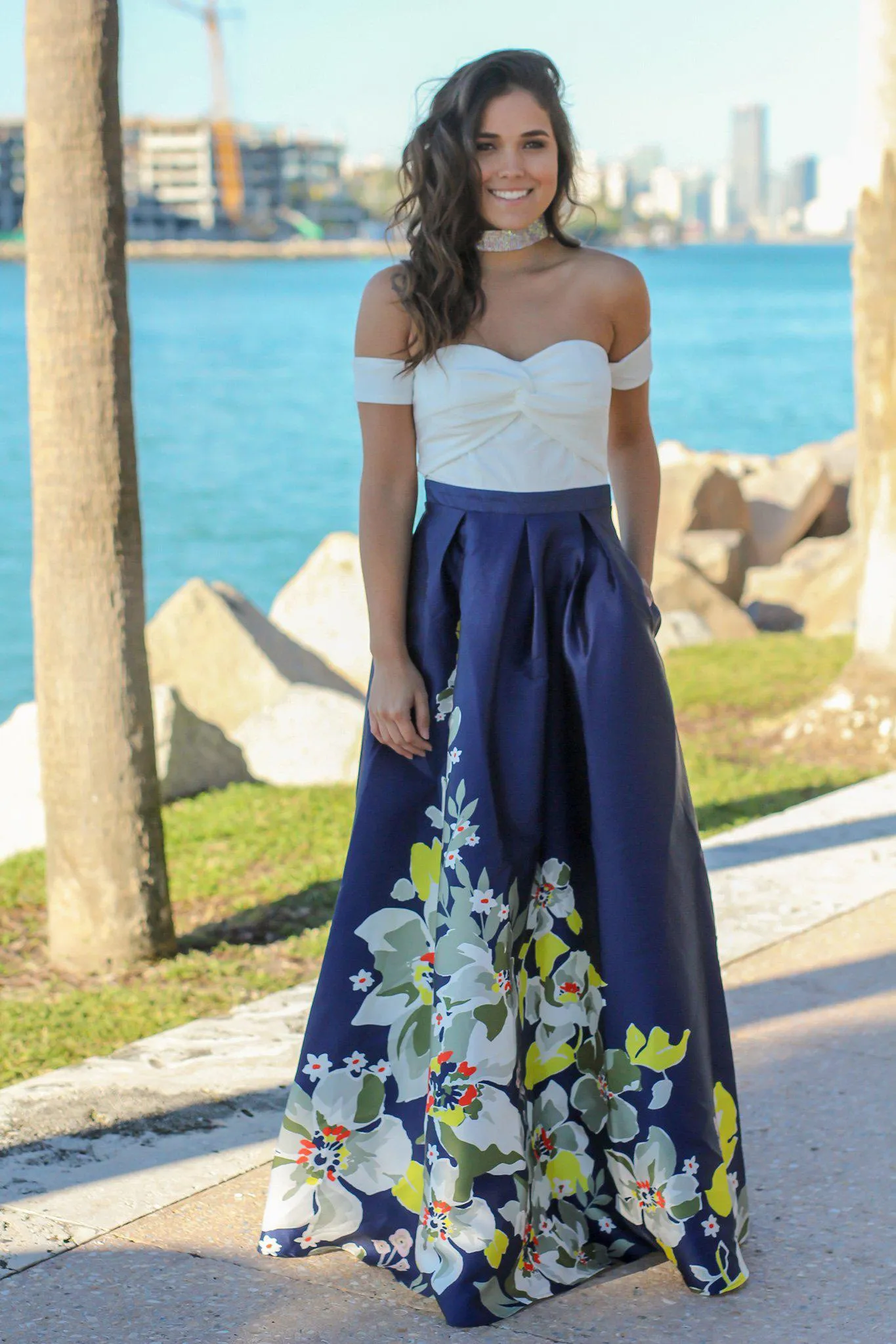 Ivory and Navy Off Shoulder Floral Maxi Dress