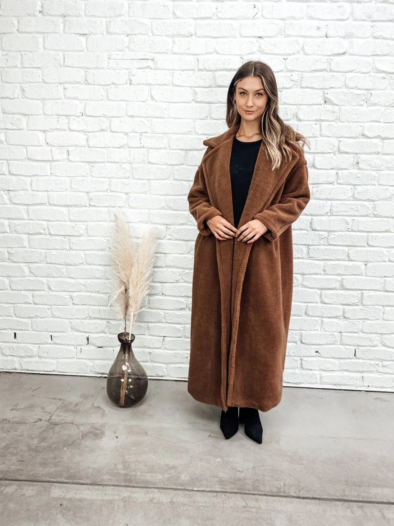 Jaz long slouch chocolate teddy coat