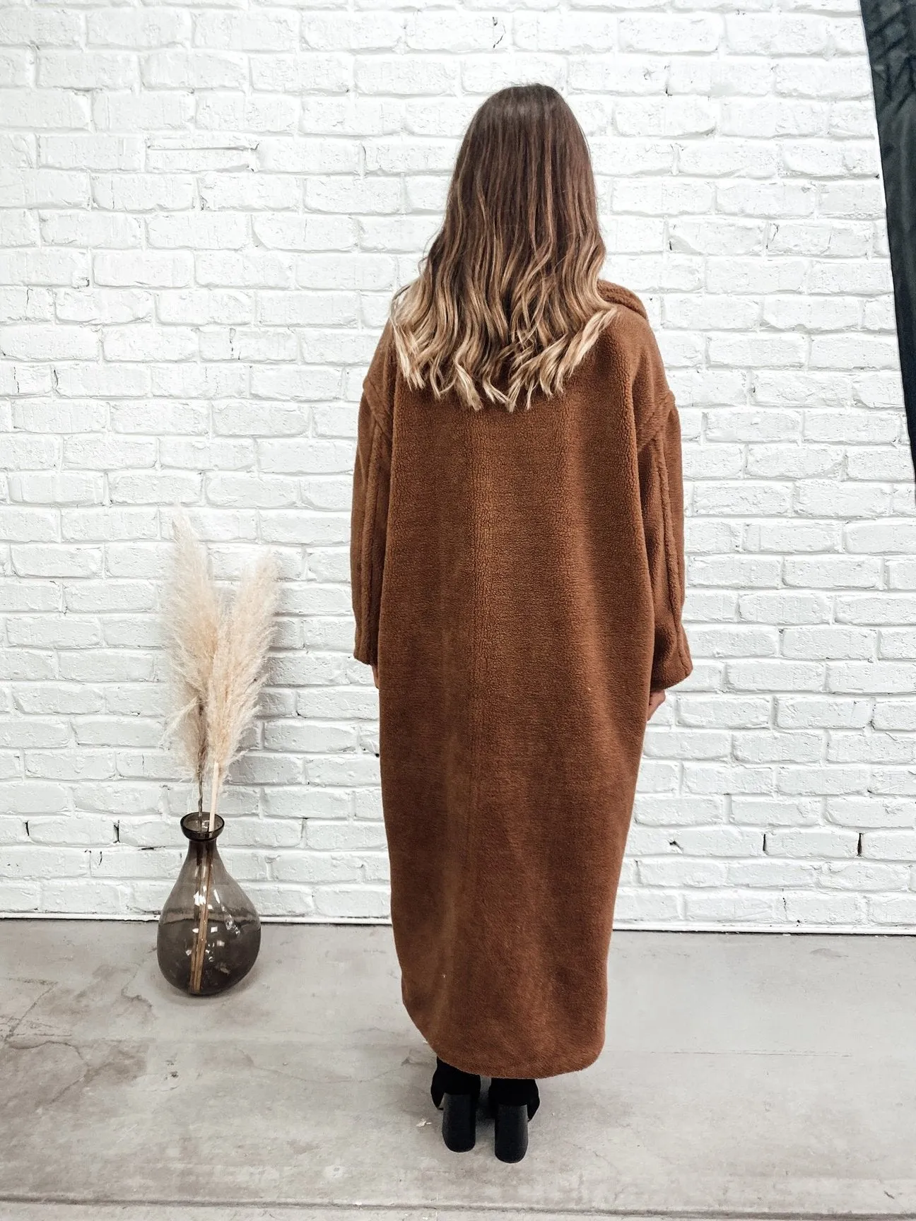 Jaz long slouch chocolate teddy coat