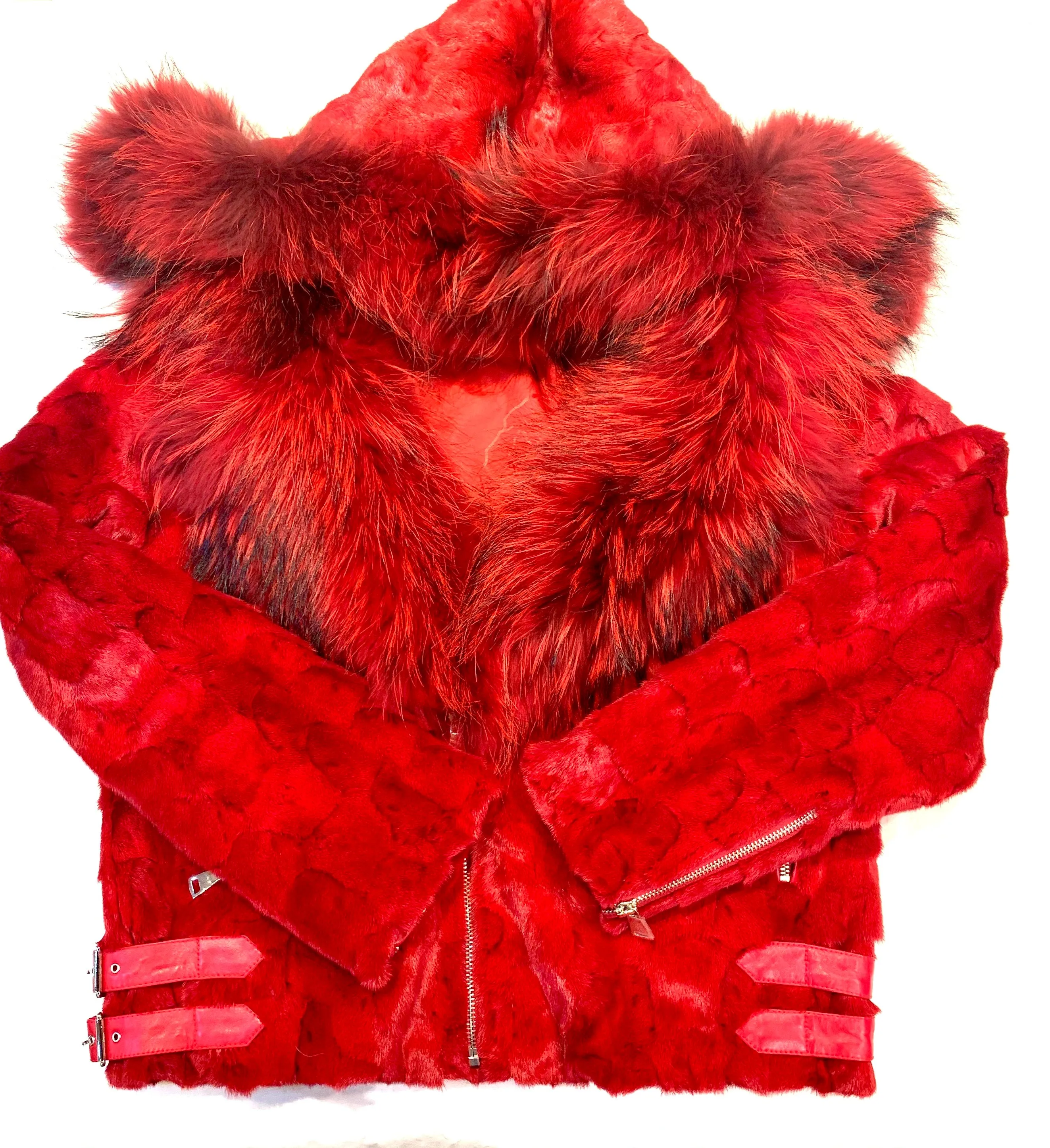 Kashani Mink Red Detachable Fox Collar Biker Jacket