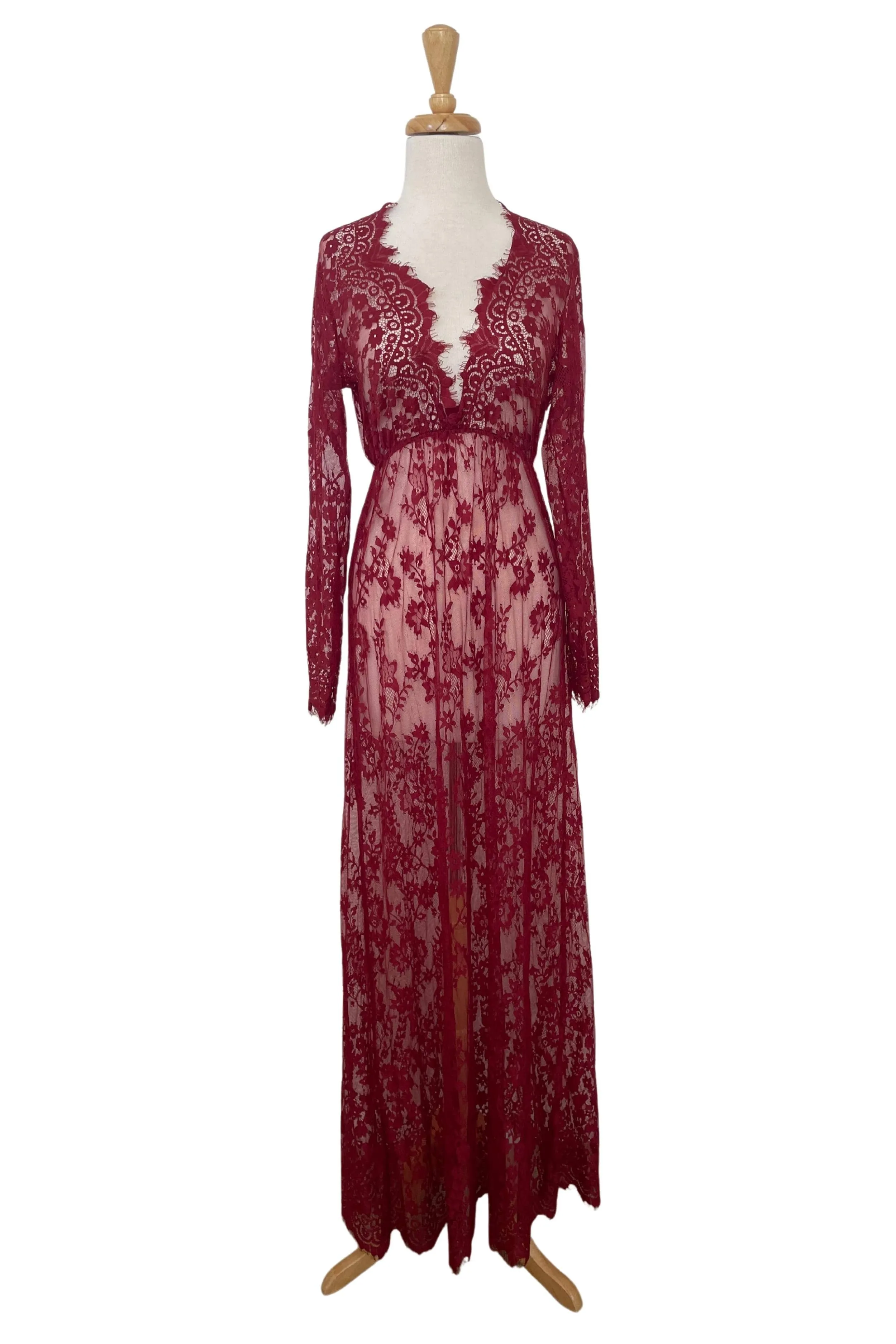 Katherine Sheer Lace Maxi Dress - Burgundy