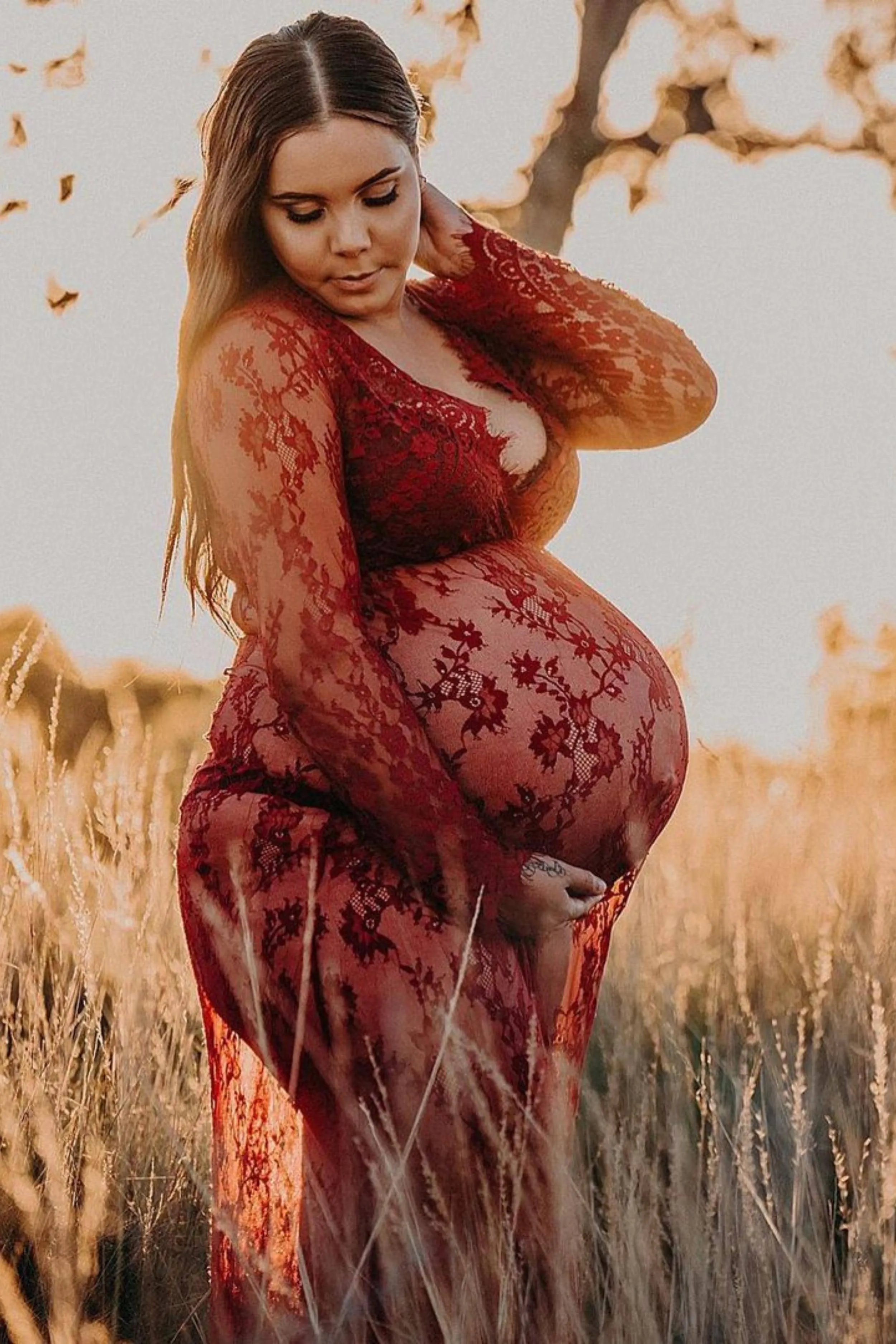 Katherine Sheer Lace Maxi Dress - Burgundy