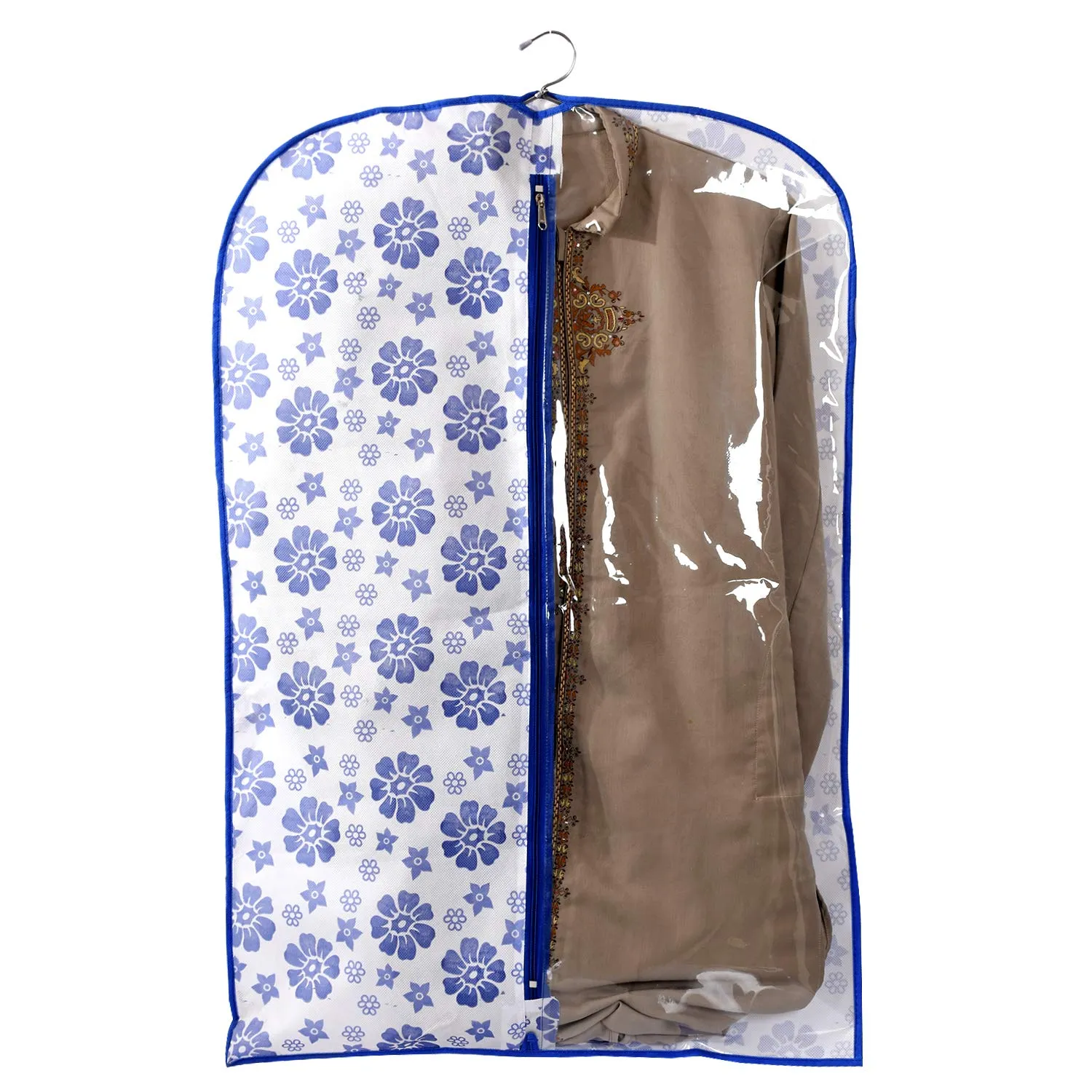 Kuber Industries Velvet Blue Flower Printed Half Transparent Non Woven Men's Coat Blazer Cover Travel Bag (CTLTC039458)