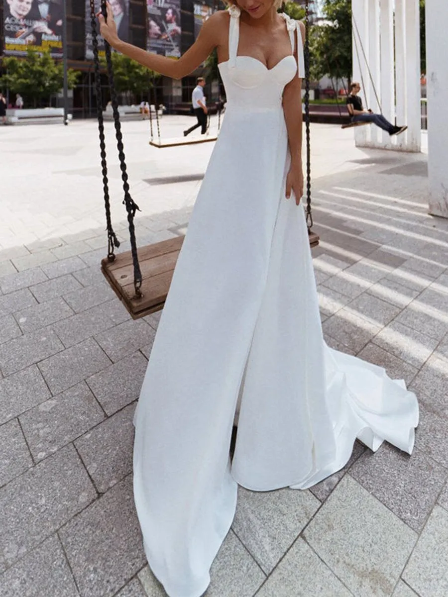 Lace-up Elegant Hanging Shoulder White Long Gown