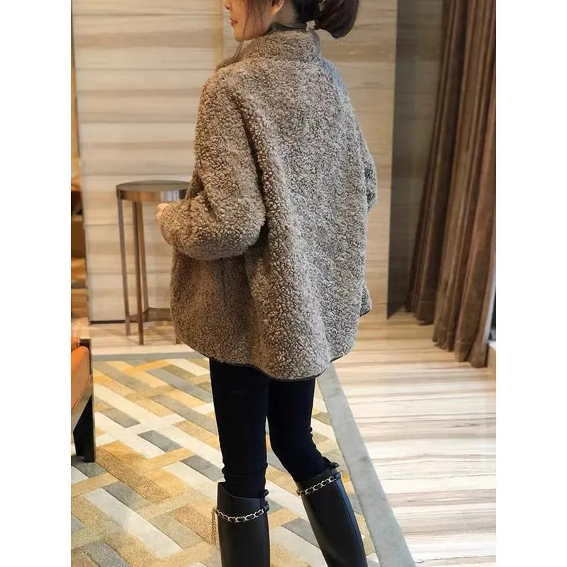 Lamb Cropped Granular Fluff Casual Fur-Trimmed Teddy Jacket